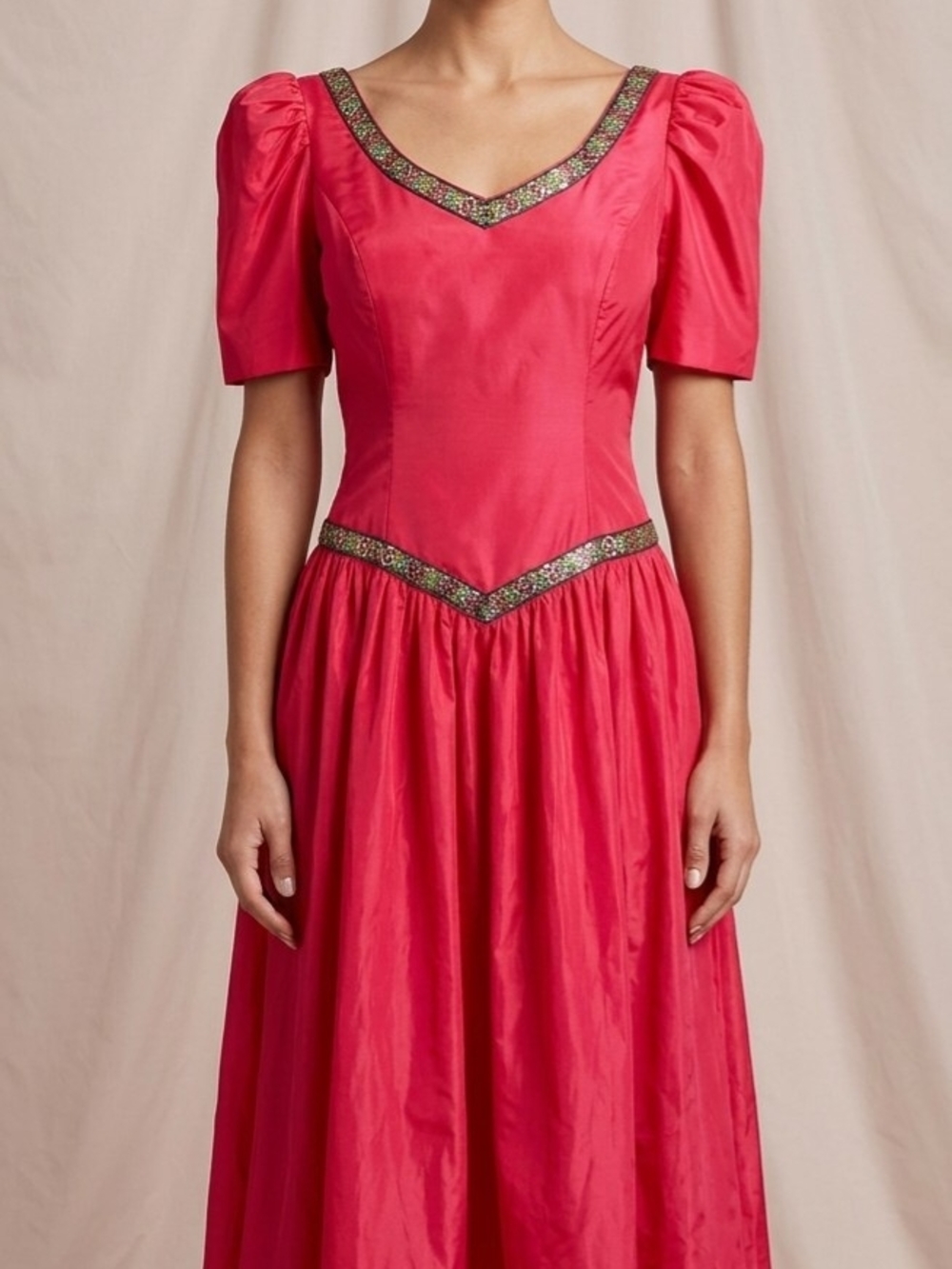 Vintage 1980s Ellen Hart  Pink Satin Puff Sleeve  Formal  Dress JRS Size 13 / 14